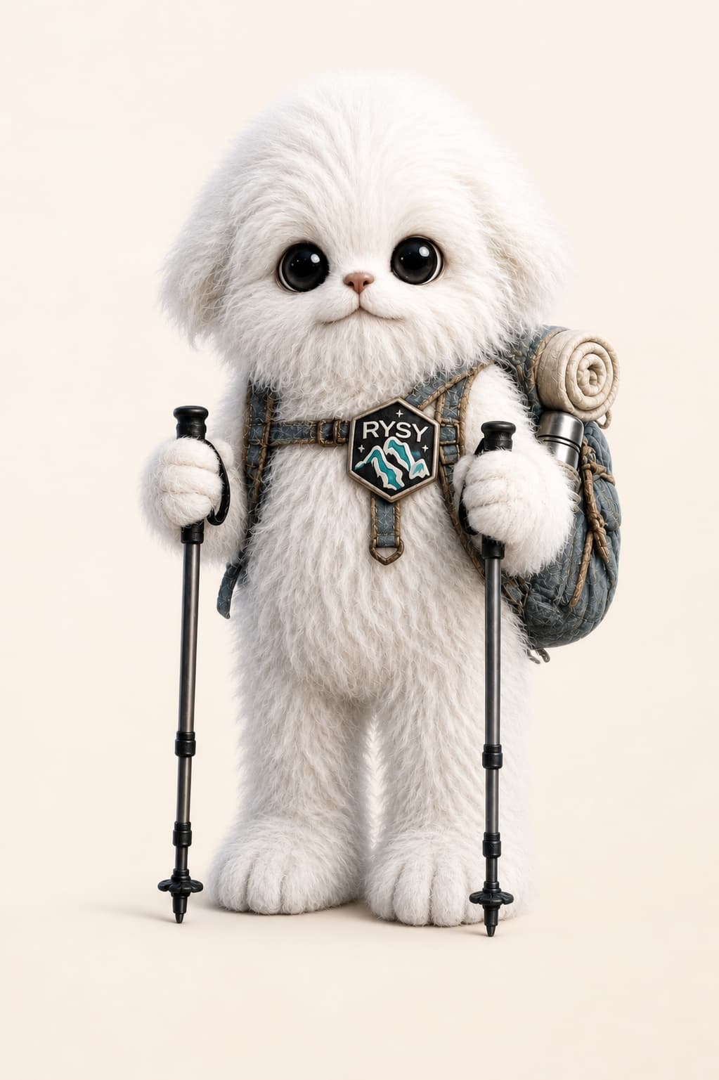 White 28 gór mountain mascot with trekking poles and a Rysy badge.